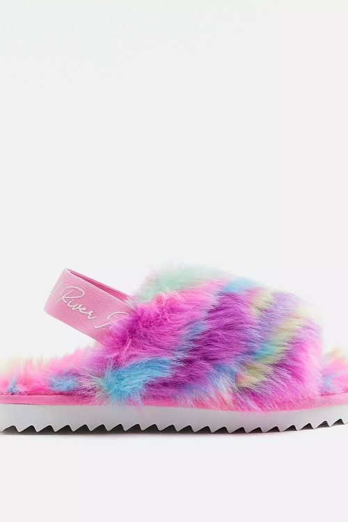 River Island Girls Multicoloured Faux Fur Slippers – Pink