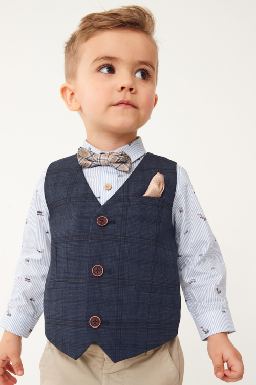 Next Blue Check Waistcoat, Blue Shirt And Tie Set