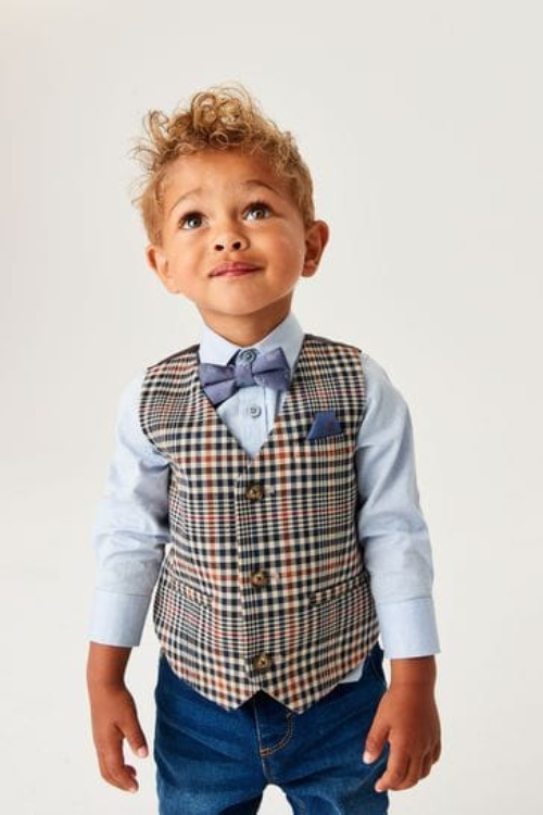 Next Check Waistcoat, Blue Shirt And Bow Tie Set