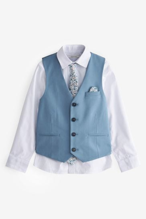 Next Blue Waistcoat, White Long Sleeve Shirt And Floral Tie