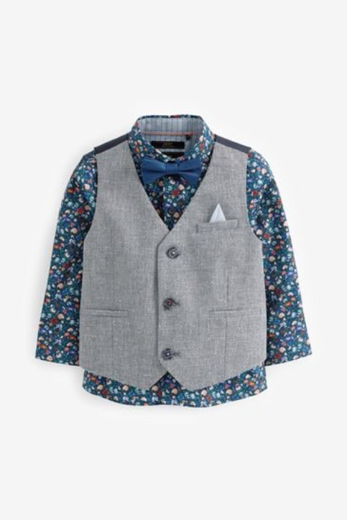 Next Chambray Blue Waistcoat Set With Shirt And Bow Tie