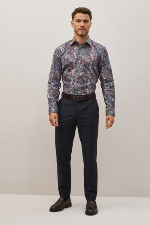 Next Regular Fit Burgendy Red Paisley Pringed Trimmed Shirt