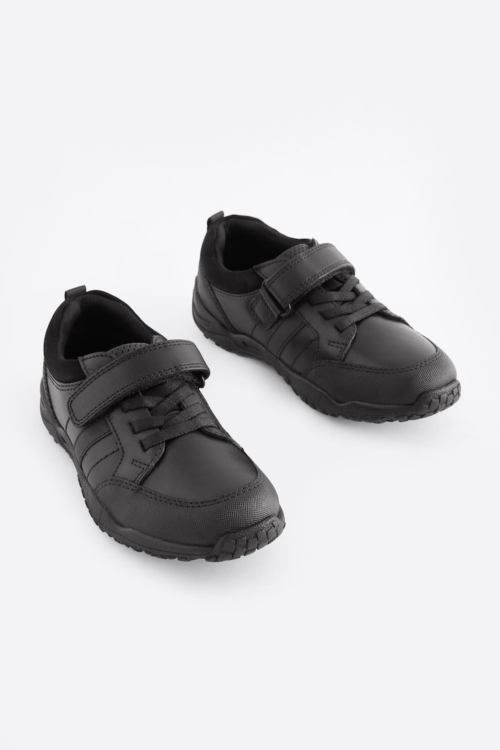 Black Leather Elastic School Lace Shoes