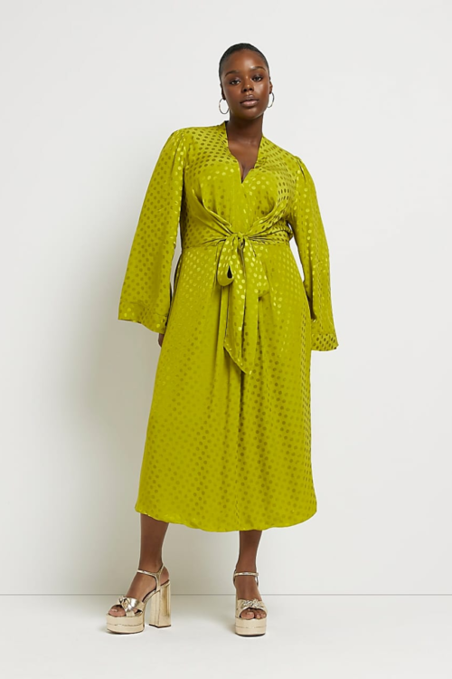 River Island Plus Green Spot Satin Swing Midi Dress