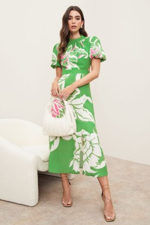 Lipsy Green Cut Out Puff Sleeve Midi Dress