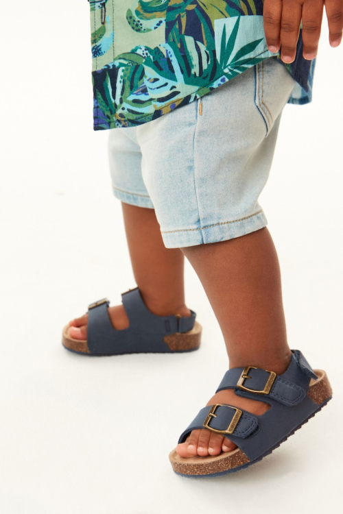 Navy Blue Standard Fit Double Buckle Cushioned Sandals