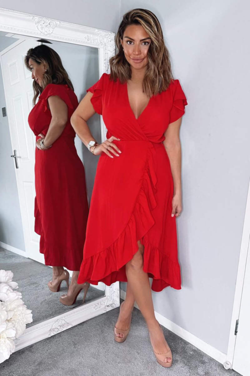 Ax Paris Red Wrap Over Frill Hem Short Sleeve Midi Dress