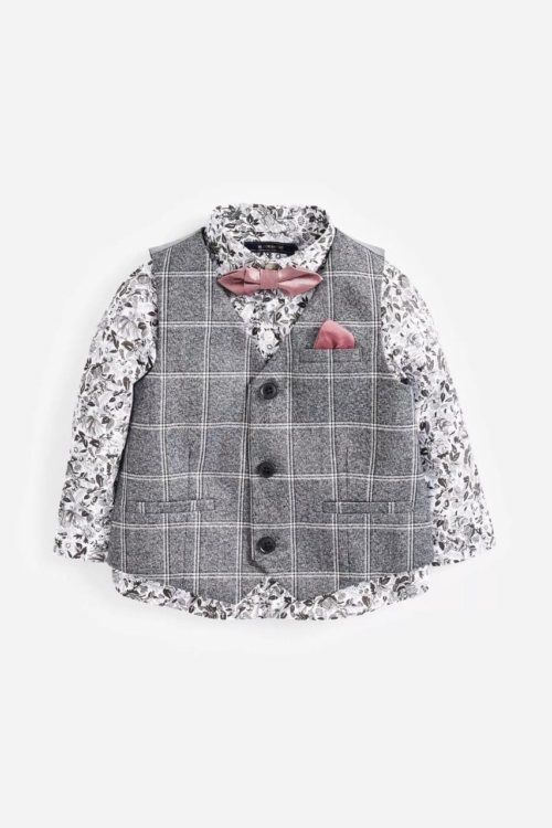 Next Check Wiastcoat, Floral Shirt And Bow Tie