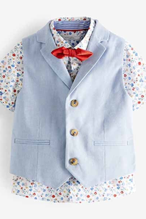 Next Light Blue Waistcoat, Floral Shirt And Red Bow tie