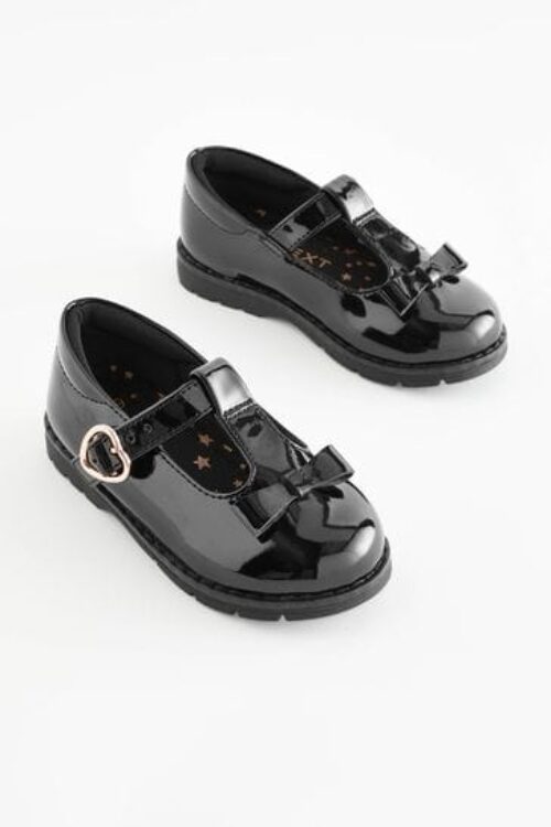 Black Patent Leather School Bow T Bar Shoes