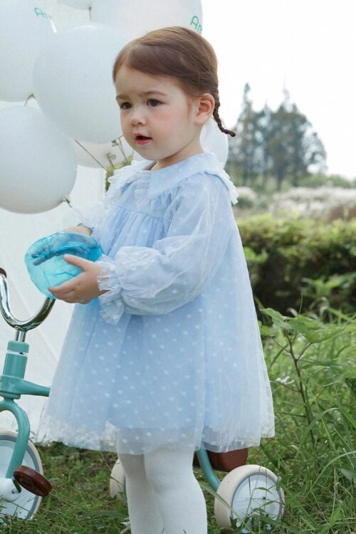 Ethereal Blue Chiffon Dress with Polka Dot Design