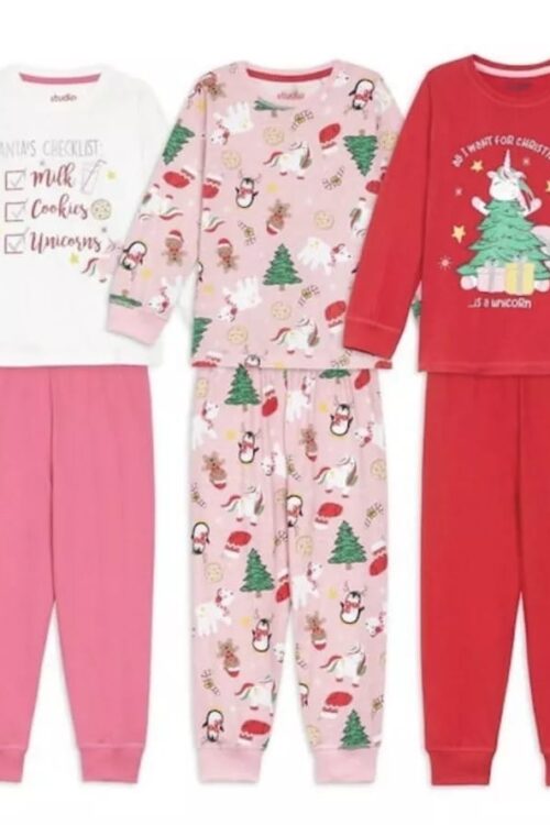Girls 3 Pack Christmas Unicorn Festive Pink Red Pyjamas