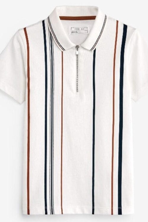 White Stripe Short Sleeve Zip Neck Polo Shirt