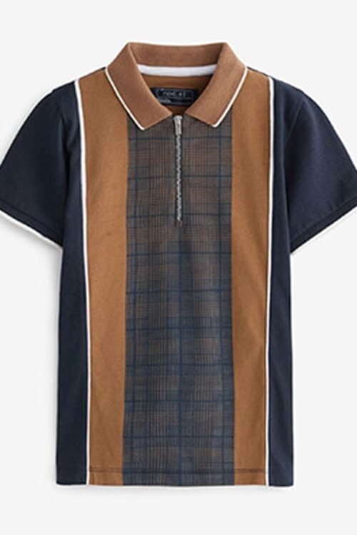 Tan Brown/ Navy Blue Vertical Stripe Short Sleeve Zip Neck Polo Shirt